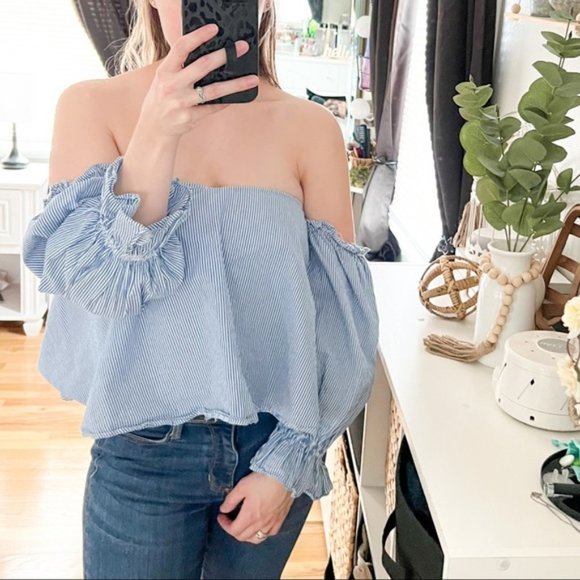 ZARA Trafaluc Collection Off The Shoulder Blue and White Striped Top Small - Picture 1 of 4